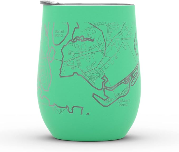 Well Told Engraved Charleston South Carolina Map Insulated Wine Tumbler, Etched Stainless Steel Cup (12 oz, Sunday Green) City Map Insulated Tumbler, Custom Insulated Tumbler, Outdoor Drinkware