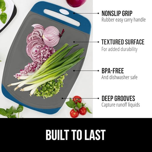 GORILLA GRIP BPA-Free Reversible Kitchen Cutting Board Set of 3, US Designed, Nonporous, Juice Grooves Catch Liquid, Slip Resistant Border, Dishwasher Safe, Durable Food Chopping Boards, Blue Gray