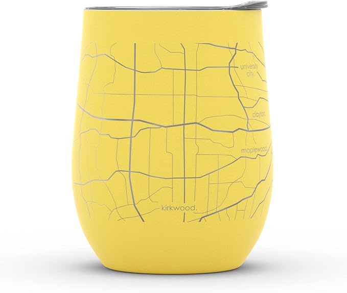 Well Told Engraved St. Louis Missouri Map Insulated Wine Tumbler, Etched Stainless Steel Cup (12 oz, Sunrise Yellow) City Map Insulated Tumbler, Custom Insulated Tumbler, Outdoor Drinkware