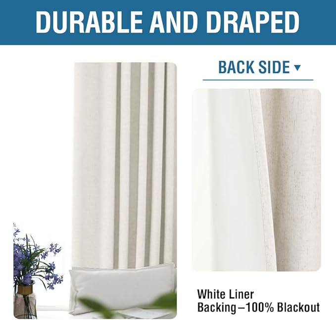 H.VERSAILTEX 100% Blackout Curtains for Bedroom 96 Inches Long Grommet Linen Face Full Light Blocking Curtain Drapes for Living Room Thermal Insulated Linen Look Curtains 2 Panels Set, Antique White