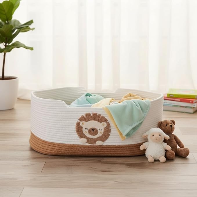 Portable Foldable Basket with Handles, Sturdy Woven Cotton Rope Crate for Daily Organization, Baby Bedside Sleeper, Outings, Pet Nest 27.56 × 15.75in
