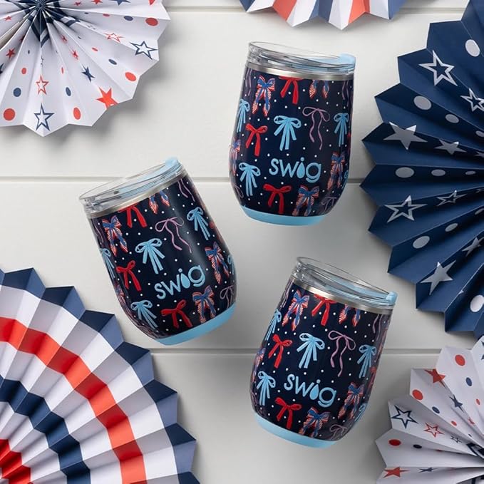 Swig Life 12oz Wine Tumbler with Lid, Stainless Steel, Dishwasher Safe, Portable, Triple Insulated Wine Tumbler (Miss Independence)