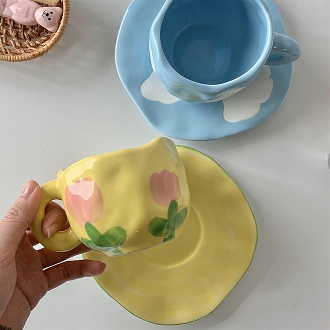 Coffee Mugs Set with Saucer Cute Yellow Tulip Cup Gifts Tea Coffee Mug 250 ML Ceramic Flowers Cup Birthday Gift for Women Girls Mom Friend Coffee Mug