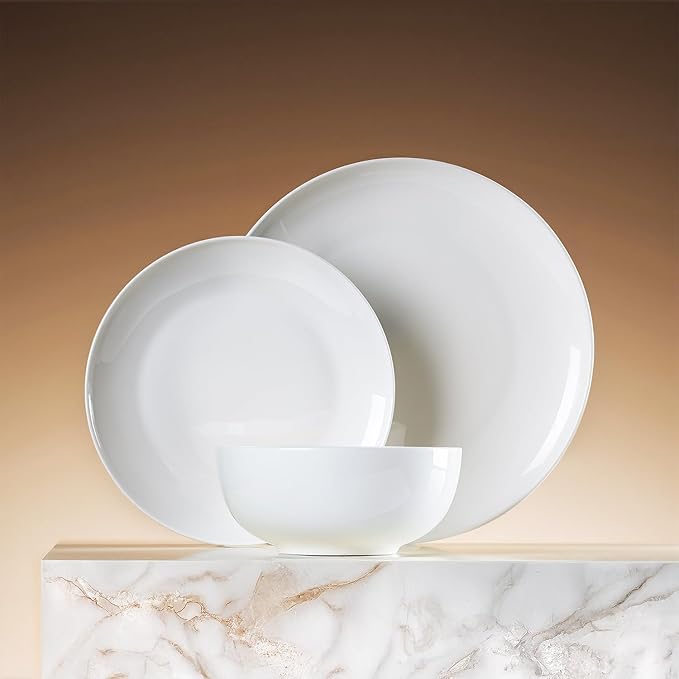 KINGSTONE Bone China Dinnerware Sets, 24-Piece Dinnerware Set for 8, Lightweight Durable, Dishwasher Safe, Tableware for Daily Use with Elegant Design, White