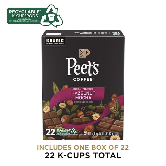 Peet's Coffee, Flavored Light Roast Keurig K-Cup Pods - Hazelnut Mocha 22 Count (1 Box of 22 K-Cup Pods)