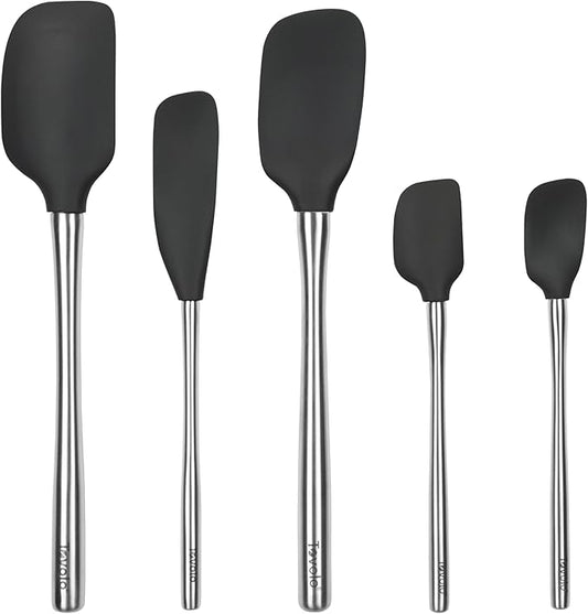 Tovolo 5-Piece Stainless Steel & Silicone Spatula Set (Black): Standard & Mini Spatulas, Spoonulas, and Jar Scraper