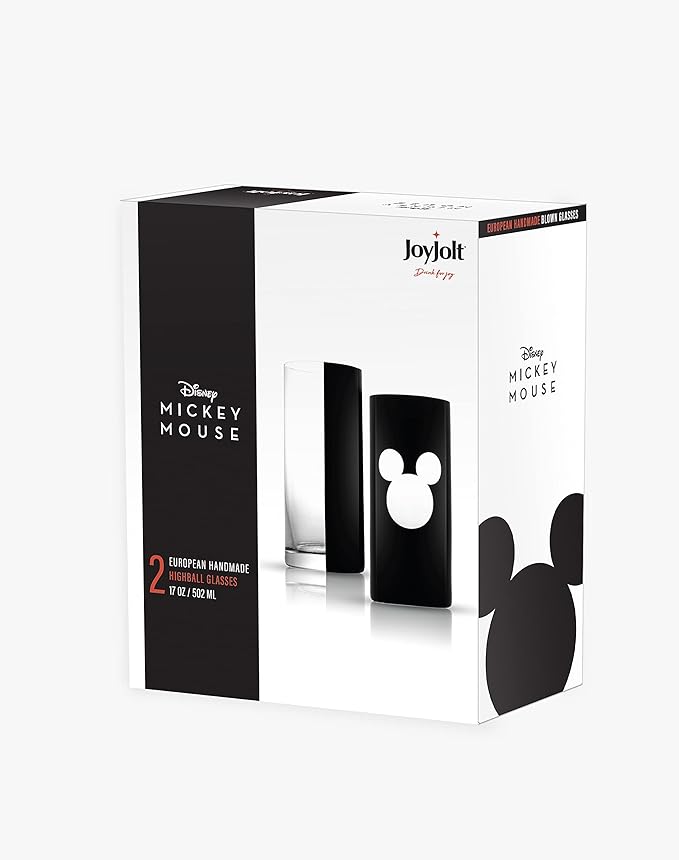 JoyJolt Disney Luxury Mickey Mouse Highball Glasses Set of 2 European Crystal Bar Glasses, Cocktail Glasses. Premium Xmas Disney Stuff, Gifts and Cups. 17oz Black Drinking Glasses, Disney Tumbler
