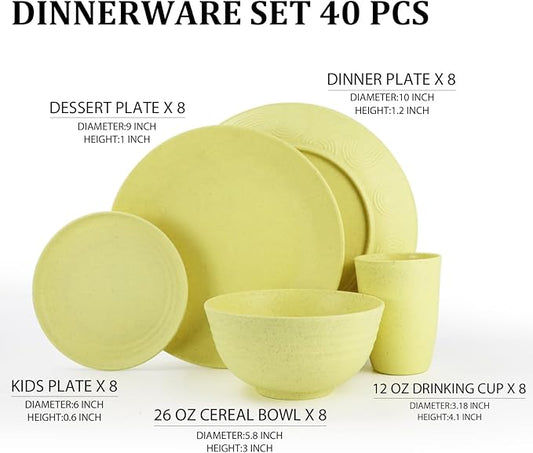 Wheat Straw Dinnerware Set 40-Piece Service for 8 Unbreakable Dishes Set Plates and Bowls Sets Drinking Glasses Microwave Safe Dish Set Lightweight Dinnerware Set for Home & Kitchen - Yellow