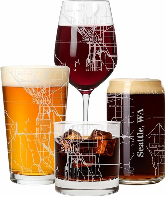 Blue Ridge Mountain Gifts - Seattle Souvenir - Washington Glassware Gift, Etched City Map, Laser Engraved and Dishwasher Safe