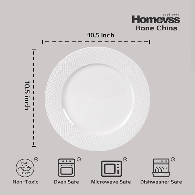 HomeVss, New Bone China Dinnerware Set, Embossed Diamond Design, 48pc Set