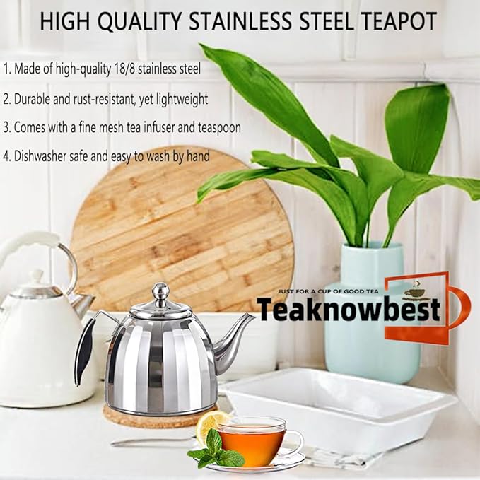 Stainless Steel Tea Pot with Removable Infuser - Loose Leaf Tea Maker, Home & Kitchen Teapot - Large 67.6 oz, Stovetop Safe Teapot for Tea/Coffee, Mirror Finish (2000ml)