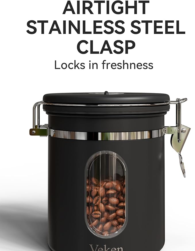 Veken Coffee Canister set with Window, Airtight Stainless Steel Kitchen Food Storage Container with Date Tracker and Scoop for Grounds Coffee, Beans, Tea, Flour, Cereal, Sugar, 22&16OZ,Black