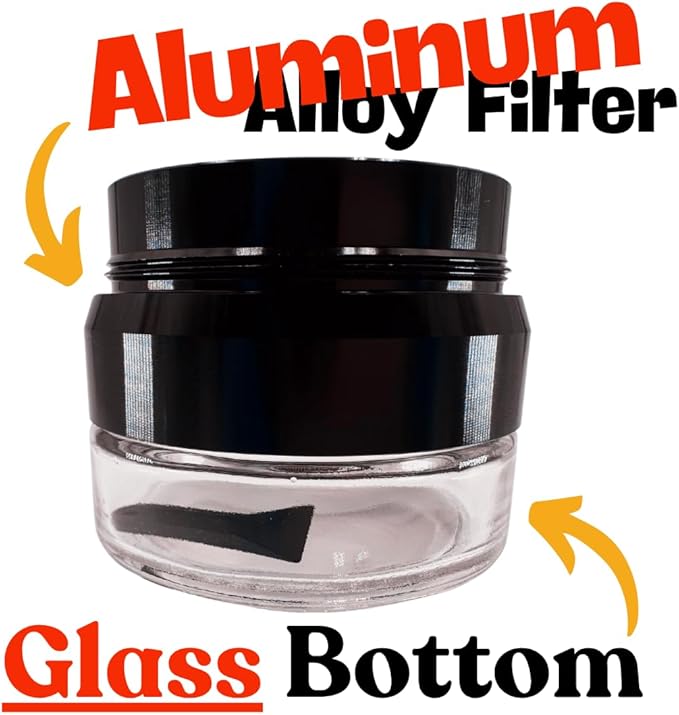 Spice Grinder. 2.5 inch herb grinder with jar attached. Jar offers a larger storage capacity. Aluminum alloy top and teeth with glass bottom.