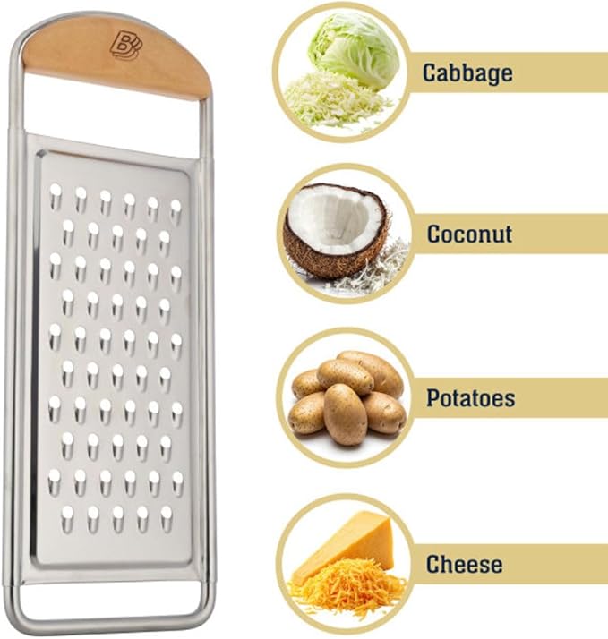 Cheese Grater Handheld - Stainless Steel Flat Food Grater with Cherrywood Handle - Coarse Shredder Kitchen for Medium-Hard Cheese and Vegetables - Italian Made Kitchen Gadgets by Kings County Tools