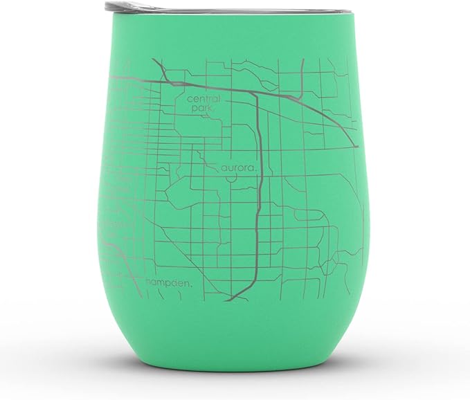 Well Told Engraved Denver Colorado Map Insulated Wine Tumbler, Etched Stainless Steel Cup (12 oz, Sunday Green) City Map Insulated Tumbler, Custom Insulated Tumbler, Outdoor Drinkware