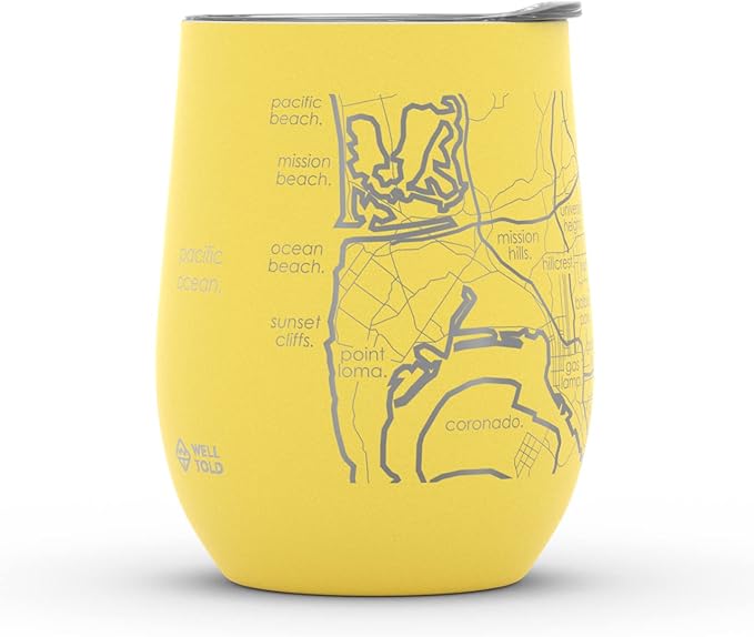 Well Told Engraved San Diego California Map Insulated Wine Tumbler, Etched Stainless Steel Cup (12 oz, Sunrise Yellow) City Map Insulated Tumbler, Custom Insulated Tumbler, Outdoor Drinkware