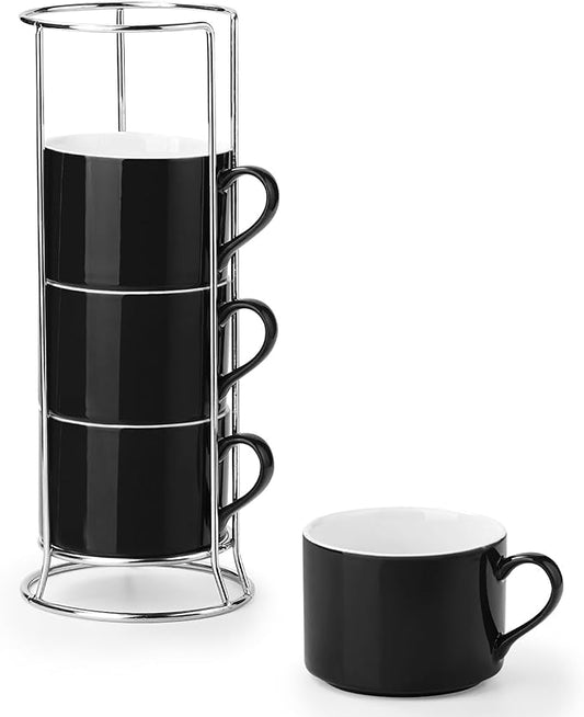 10 Ounce Black Porcelain Stackable Cappuccino Cups with Stainless Steel Holder, Set of 4, Durable Ceramic, Perfect for Home, Office or Gift