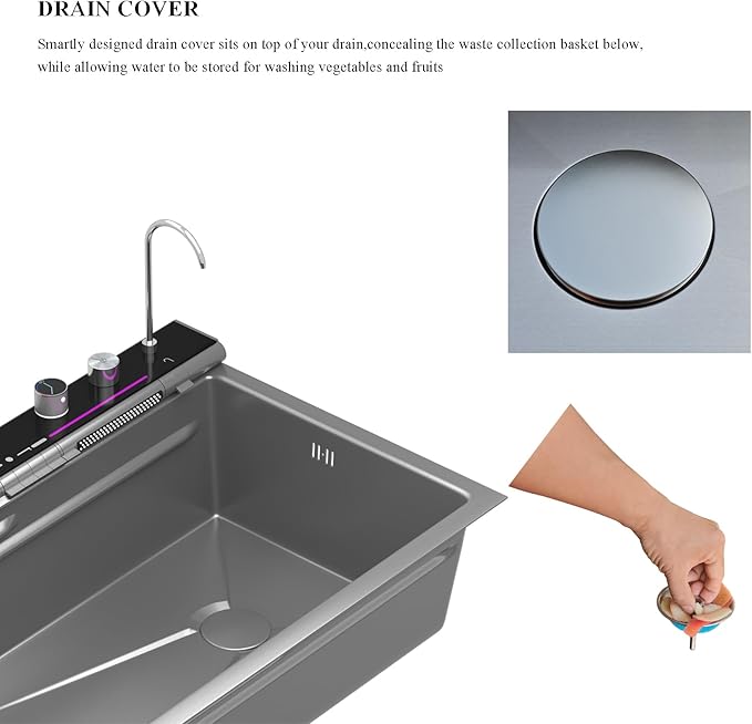 Double Waterfall Kitchen Sink 33 x 22 in 9 Gauge Stainless Steel Smart Kitchen Sink Digital Display Modern Sinks With Soap Dispenser Single Bowl Workstation Sinks