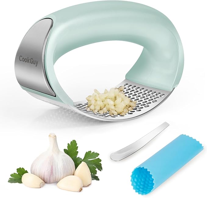 Cook Guy 304 Stainless Steel Garlic Press Rocker Set - Premium Garlic Mincer, Crusher, Peeler, and Scraper Tool for Effortless Mincing - Comfortable Grip Garlic Grinder (Green)