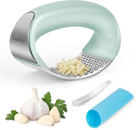 Cook Guy 304 Stainless Steel Garlic Press Rocker Set - Premium Garlic Mincer, Crusher, Peeler, and Scraper Tool for Effortless Mincing - Comfortable Grip Garlic Grinder (Green)