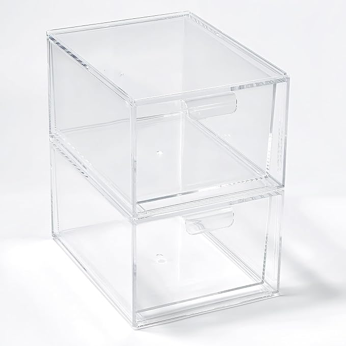 2 Pack Clear Stackable Makeup Organizer, Acrylic Bathroom Storage Drawers with Handles for Vanity, Kitchen Cabinets, Undersink, Pantry, Home Organization and Storage