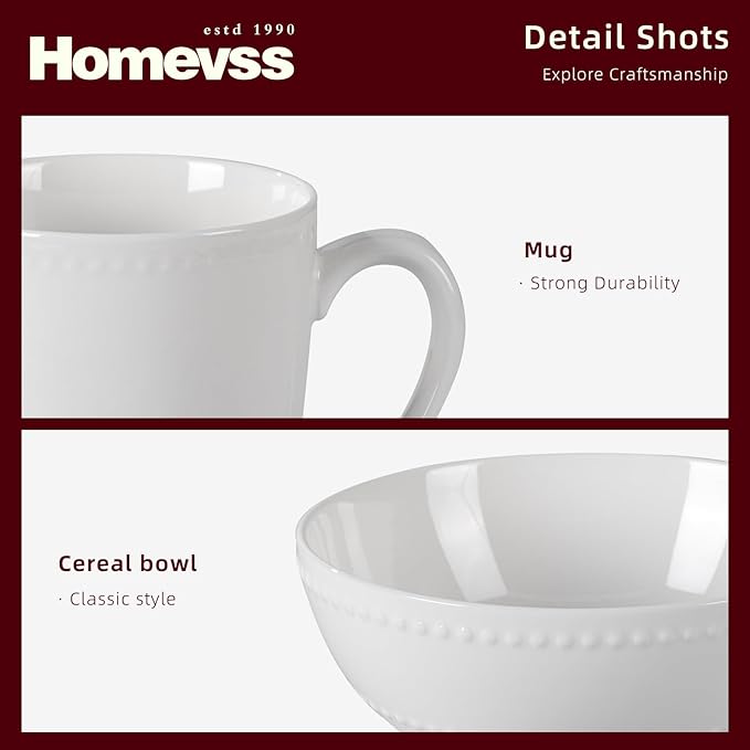 HomeVss, New Bone China Dinnerware Set, Embossed Pearl Design, 40pc Dinnerware Set