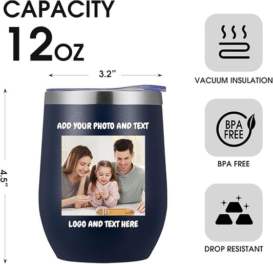 96 Pack Personalized Wine Tumbler,12oz Custom Stainless Steel Coffee Mug,Tumblers with Lids,Customizable with Picture and Names Engraving,Suitable for Woman,Men,Families and Travel