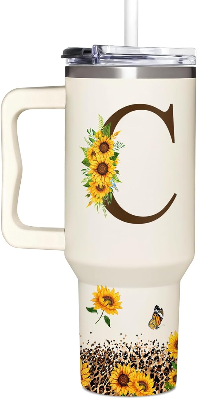 Personalized Birthday Gifts For Women - Sunflowers Monogrammed Cup For Boss Day, Christmas - Customized Gifts For Women, Mom, Wife, Coworkers, Boss Lady, Her - Custom Tumbler With Handle 40oz