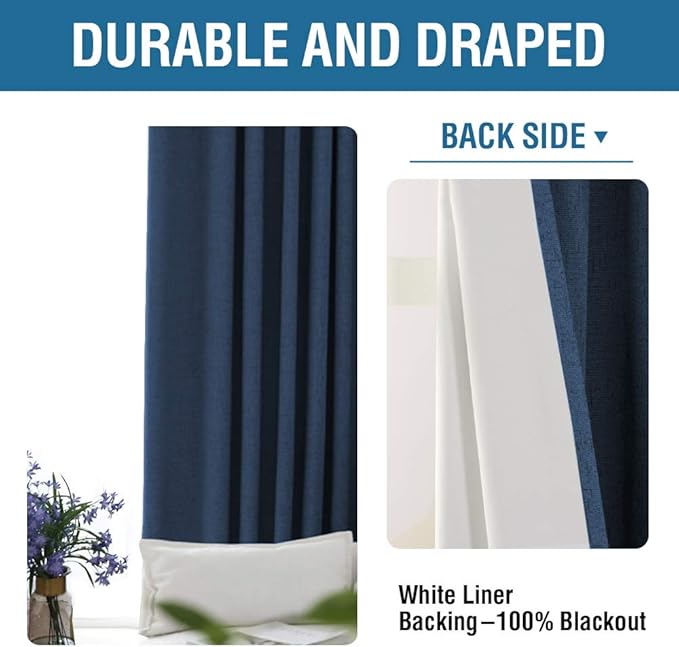H.VERSAILTEX 100% Blackout Curtains for Bedroom 63 Inches Long Grommet Linen Face Full Light Blocking Curtain Drapes for Living Room Thermal Linen Look Curtains 2 Panels Set, 52" W x 63" L, Navy