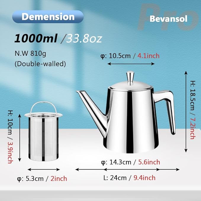 304 Stainless Steel Double-walled Teapot Long Strain Large Capacity Teapot with Infuser and Removable Filter for Home Restaurant Office Dinnerware Accessories Drinkware Item