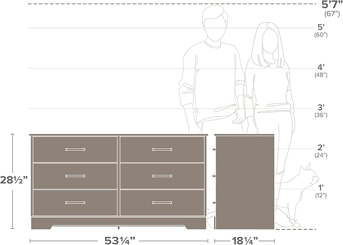 Prepac Rustic Ridge Farmhouse 6-Drawer Double Dresser, Brown Dresser for Bedroom, Chest of Drawers with 6 Storage Drawers, 53.25” wide x 18.25” deep x 28.5” tall, Brown