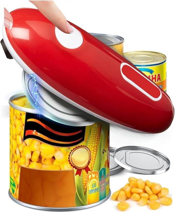 Automatic Electric Can Opener Red – Hands-Free, One-Touch Can Opening for Seniors, Arthritis-Friendly, Smooth Edge, Battery Operated, Safe Compact Kitchen Gadget for Home Use.