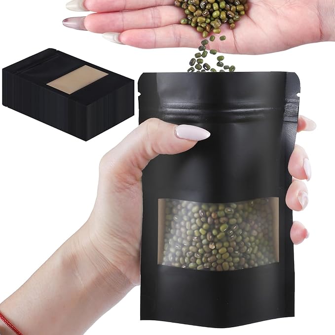 100 PCS Resealable Bags, Stand Up Kraft Paper Bags with Matte Window, Zipper Lock Food Storage Bags for Small Business and Home, 3.9 * 5.9 Inches Reusable Sealable Bags for Packaging - Black
