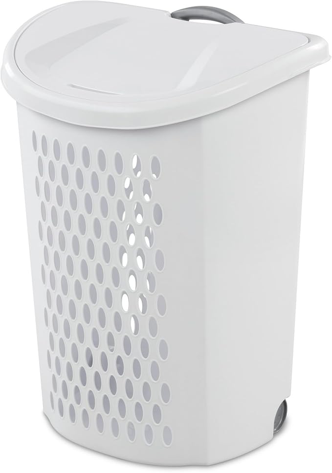 White Rolling Laundry Hamper with Wheels, 2-Bushel Large Capacity Ventilated Plastic Hamper with Lid & Retractable Handle, Portable Laundry Basket for Dorms, Apartments and Bedrooms