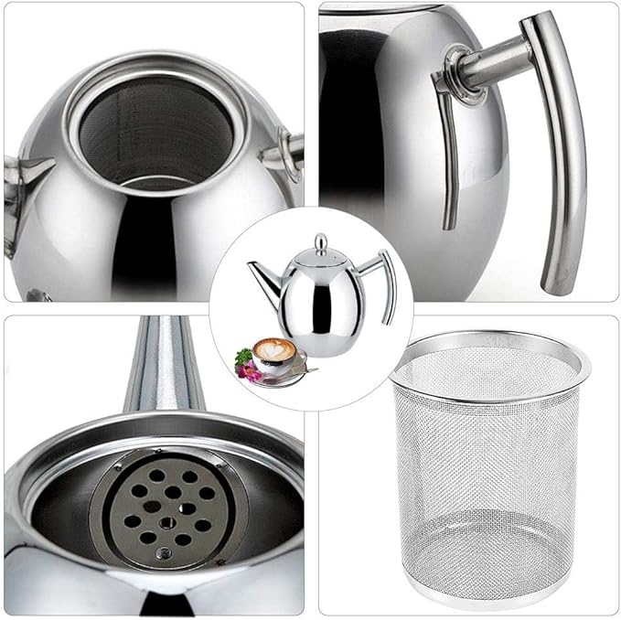 Tea Pots with Infusers for Loose Tea Stainless Steel Teapot Tea Kettle Coffee Pot with Tea Filter and Lid Tea Kettle Stovetop Teapot with Strainer (700ml)