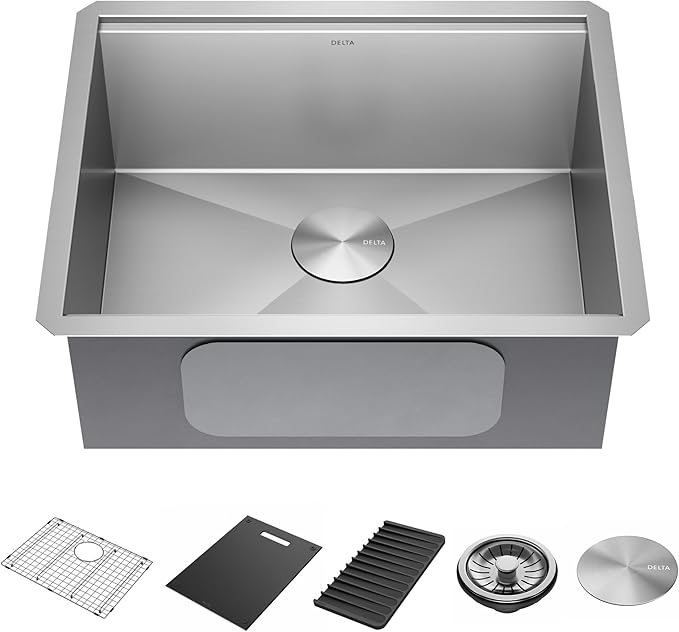 DELTA FAUCET Rivet 23-inch Workstation Kitchen Sink Undermount 16 Gauge Stainless Steel Single Bowl with WorkFlow Ledge and Kit of 5 Accessories, 95B9031-23S-SS