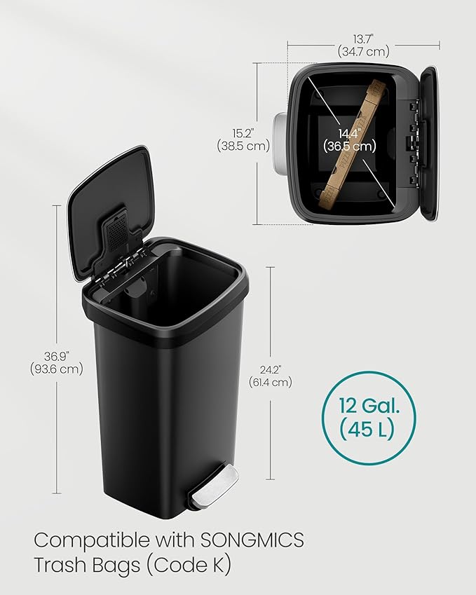 SONGMICS Plastic Kitchen Trash Can, 12-Gallon (45 L) Garbage Can with Stainless Steel Lid, Soft Close, Pedal Waste Bin with Wheels and Rear Handle, Ink Black ULTB533B01