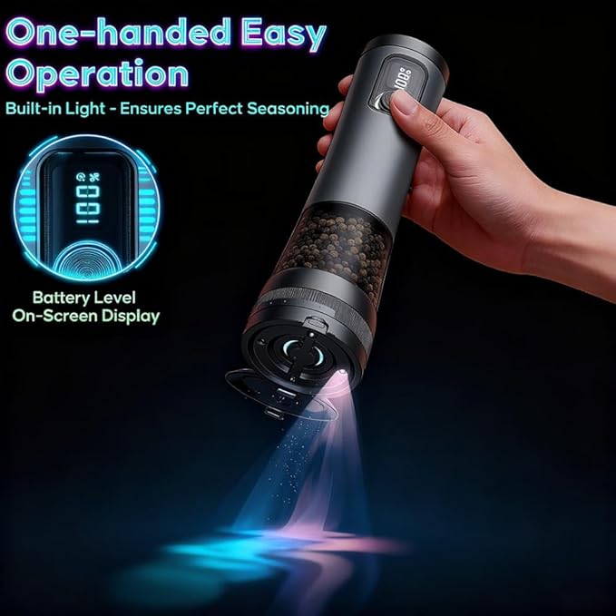 TorqueHome Electric Salt and Pepper Grinder Set - Ceramic Grinder Automatic Pepper Mills with Storage Base - Pepper Mill with 5 Level Adjustable Coarseness for Modern Kitchen
