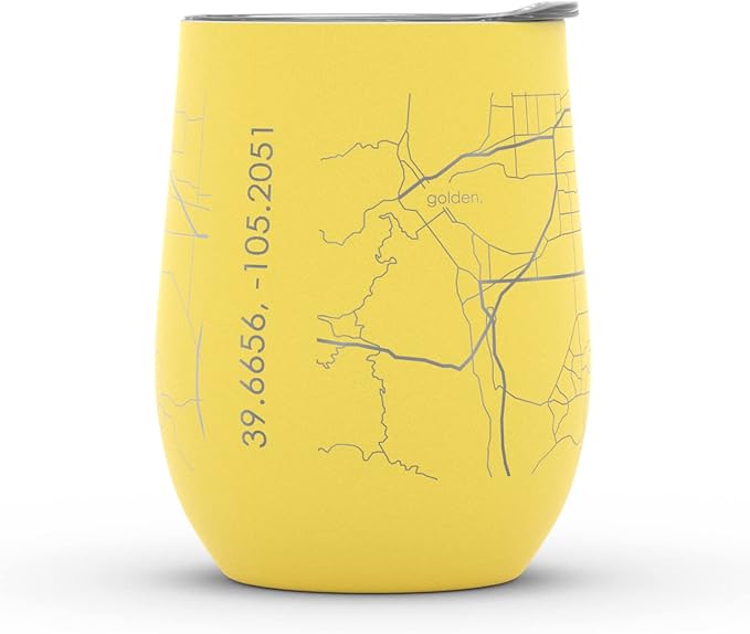 Well Told Engraved Denver Colorado Map Insulated Wine Tumbler, Etched Stainless Steel Cup (12 oz, Sunrise Yellow) City Map Insulated Tumbler, Custom Insulated Tumbler, Outdoor Drinkware