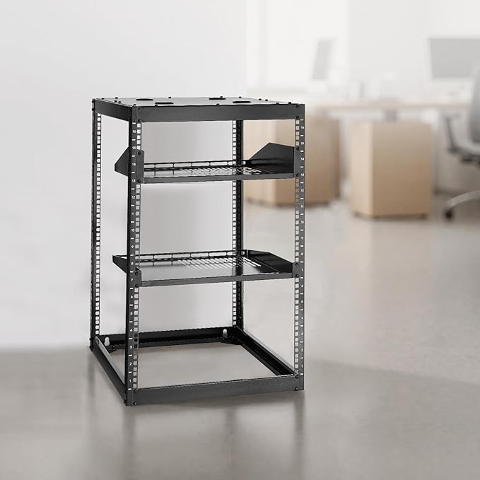 VEVOR 16U Open Frame Server Rack & Network Rack, Wall Mounted or Floor Standing, Heavy Duty 4 Post, with 2PCS Vented 1U Shelves & Mounting Hardware, Holds All 19'' Networking IT Equipment AV Gear