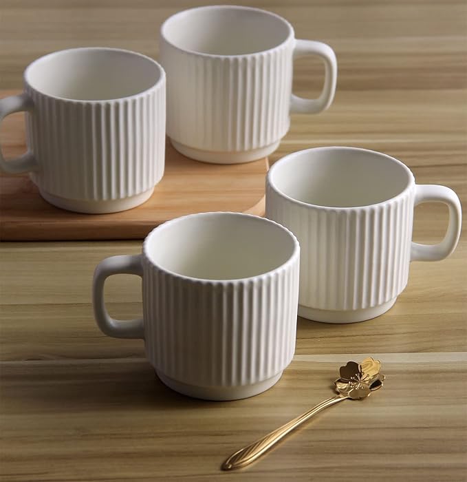 Stackable Coffee Mugs Set of 4, 7 OZ Espresso Ceramics Cups for Latte Cappuccino Cocoa with Handle, Beige