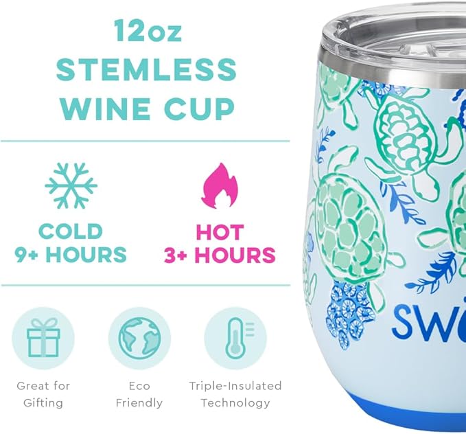 Swig Life 12oz Wine Tumbler with Lid, Stainless Steel, Dishwasher Safe, Portable, Triple Insulated Wine Tumbler (Shell Yeah)