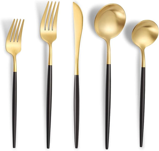 Lemeya Matte Black Gold Silverware Set for 6,Modern Stainless Steel Brushed Cutlery Set,30-Pieces Heavy Duty Flatware Set,Knives Spoons and Forks Set Utensils Set, Satin Finish, Dishwasher Safe