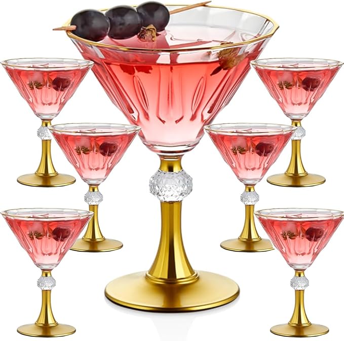Gold Rim Crystal Martini Cocktail Glasses Glassware Drinkware Rimmed Drinking Trim Fancy Set of 6 Coupe Plated Glass Christmas Stem Stemmed Style Unique Bar Drink Handmade Holiday Luxury