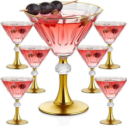 Gold Rim Crystal Martini Cocktail Glasses Glassware Drinkware Rimmed Drinking Trim Fancy Set of 6 Coupe Plated Glass Christmas Stem Stemmed Style Unique Bar Drink Handmade Holiday Luxury