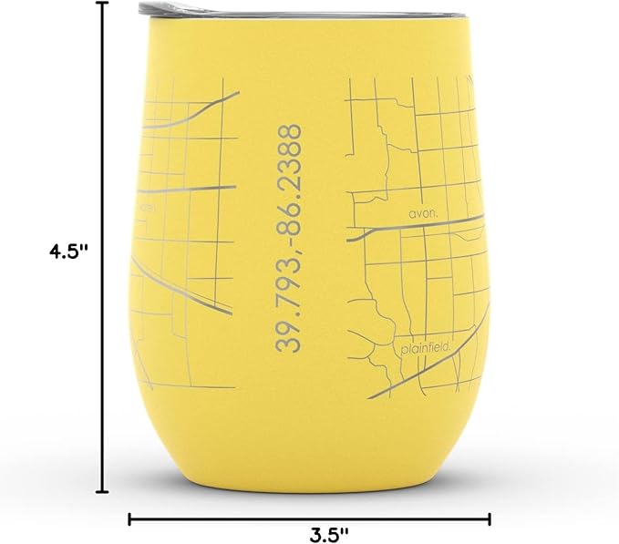 Well Told Engraved Indianapolis Indiana Map Insulated Wine Tumbler, Etched Stainless Steel Cup (12 oz, Sunrise Yellow) City Map Insulated Tumbler, Custom Insulated Tumbler, Outdoor Drinkware