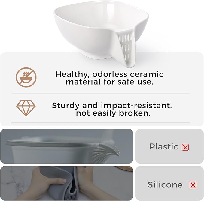 Dizada Multifunctional Ceramic Drain Basket with Integrated Drain Spout, Colander for Kitchen 60 Oz Large Capacity Food Strainer for Vegetable, Fruits, Pasta, Salad, Heat-Resistant, Dishwasher-Safe