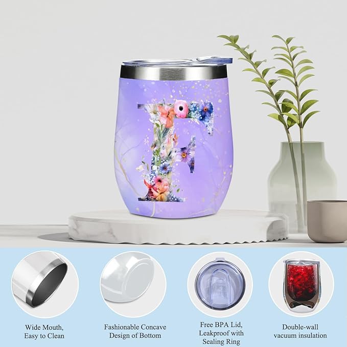 Personalized Gifts Monogrammed Birthday Gifts for Women, Aunt Grandma Retirement Christmas Initial Wine Tumbler Makeup Bag Scented Candle Bracelet Set, (Aesthetic Purple Flower F)