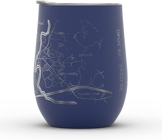 Well Told Engraved Charlottesville Virginia Map Insulated Wine Tumbler, Etched Stainless Steel Cup (12 oz, Midnight Blue) City Map Insulated Tumbler, Custom Insulated Tumbler, Outdoor Drinkware