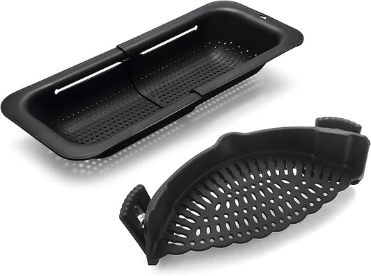 Adjustable Over the Sink Colander Strainer, Silicone Clip On Strainer for Pots Strainers and Colanders Plastic Drainer Basket for Food Pasta Vegetables Kitchen, Extendable 14.5"-19.5", Black